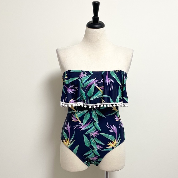 Shein Tropical Floral Flounce Navy One Piece Bathing Suit NWOT Medium Pom Poms - Picture 5 of 12